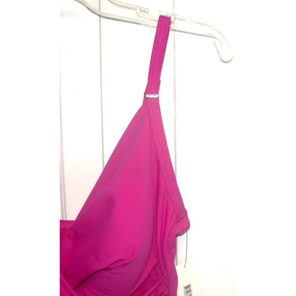DKNY Women's Crossover Tummy Control Ruched One-Piece Swimsuit Amalfi Pink XL - Picture 4 of 7